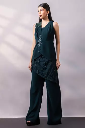 Emerald green embroidered art silk co ord set