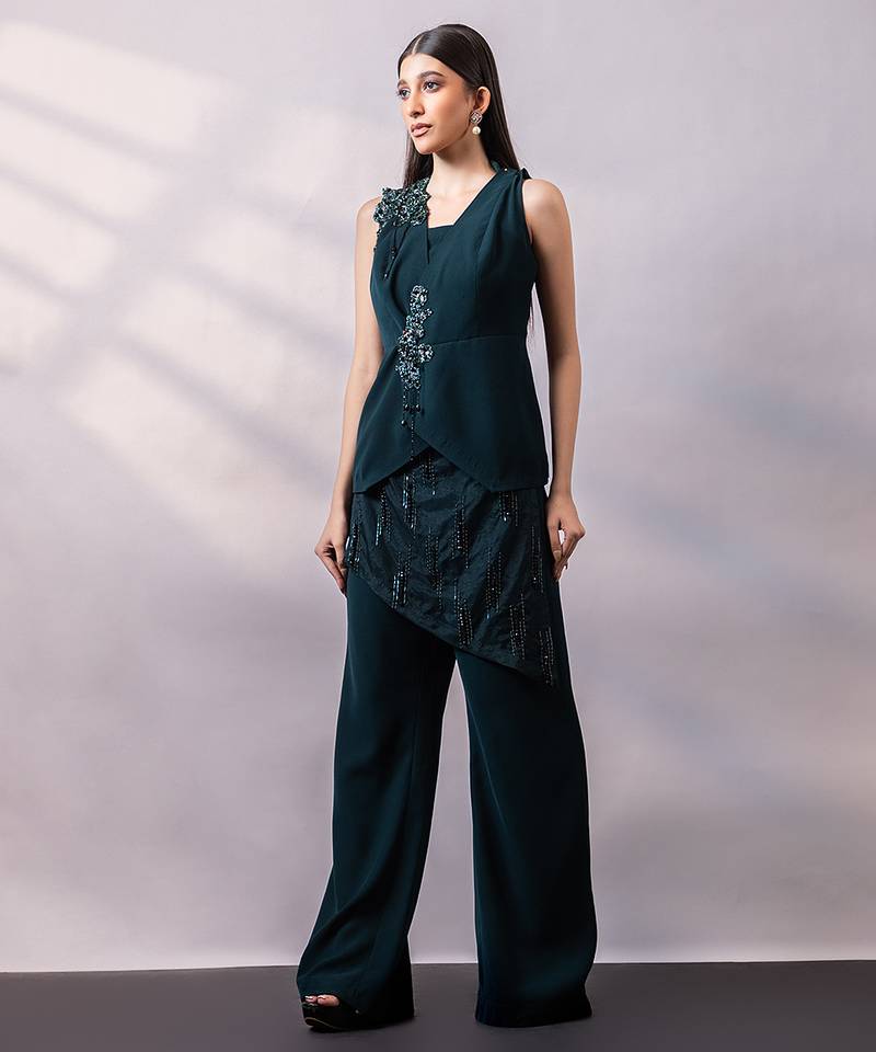 Emerald green embroidered art silk co ord set
