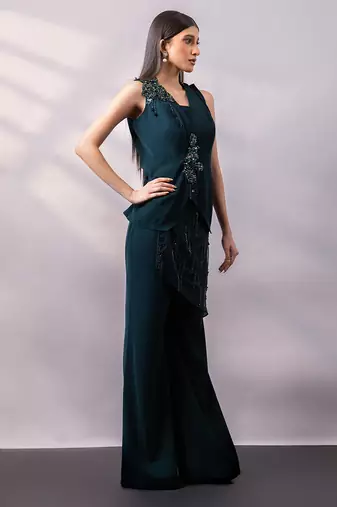 Emerald green embroidered art silk co ord set