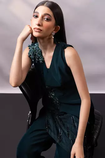 Emerald green embroidered art silk co ord set