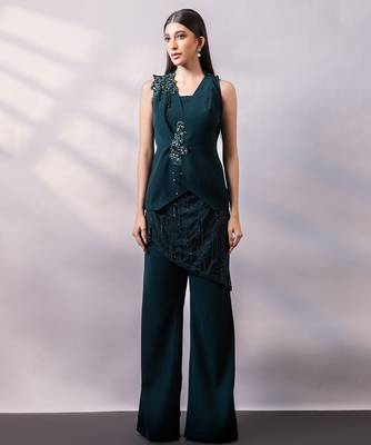 Emerald green embroidered art silk co ord set 5