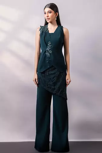 Emerald green embroidered art silk co ord set