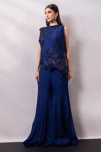 Midnight blue embroidered chinon silk co ord set