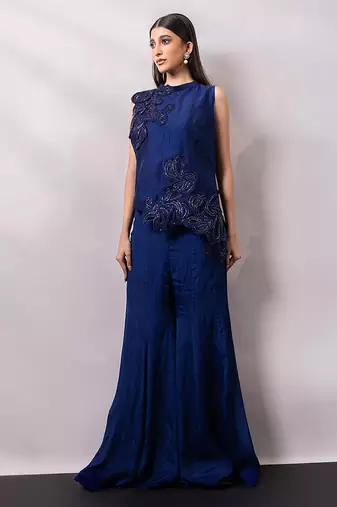 Midnight blue embroidered chinon silk co ord set