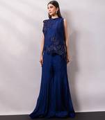 Midnight blue embroidered chinon silk co ord set