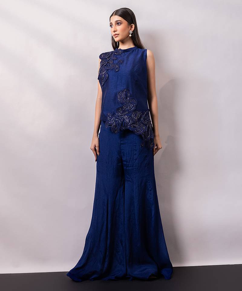 Midnight blue embroidered chinon silk co ord set