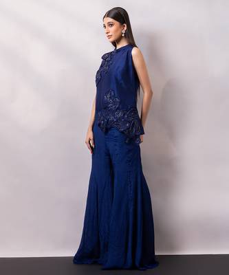 Midnight blue embroidered chinon silk co ord set 2