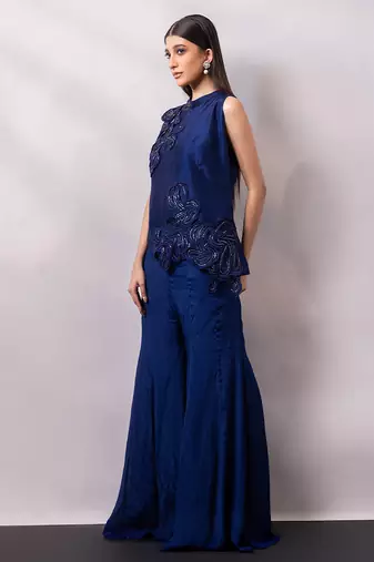 Midnight blue embroidered chinon silk co ord set