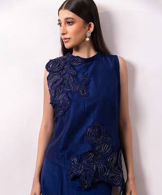 Midnight blue embroidered chinon silk co ord set 3
