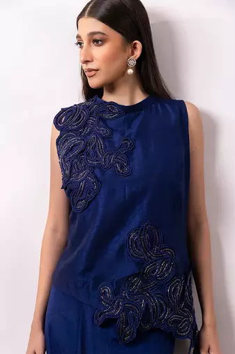 Midnight blue embroidered chinon silk co ord set