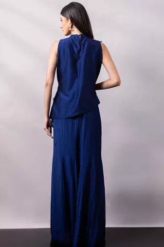 Midnight blue embroidered chinon silk co ord set