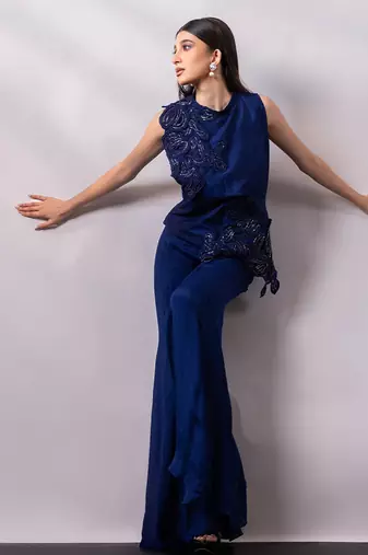 Midnight blue embroidered chinon silk co ord set