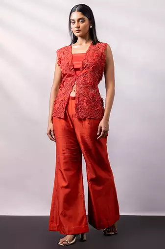 Rust orange embroidered silk organza co ord set