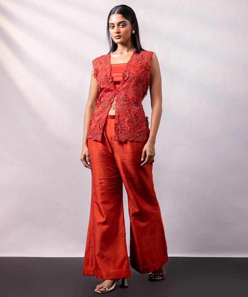 Rust orange embroidered silk organza co ord set
