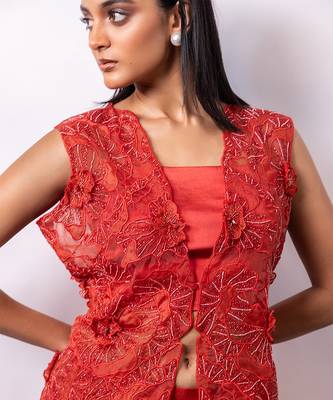 Rust orange embroidered silk organza co ord set 2