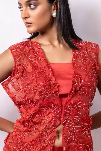 Rust orange embroidered silk organza co ord set