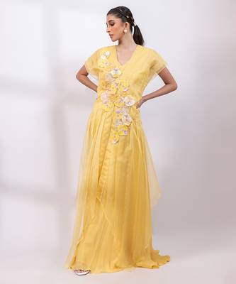 Marigold yellow chinon organza jumpsuit cape set 1