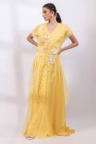 Marigold yellow chinon organza jumpsuit cape set