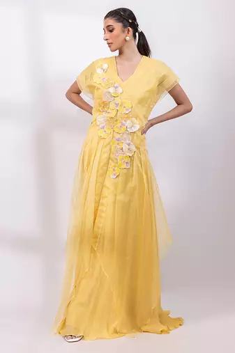 Marigold yellow chinon organza jumpsuit cape set