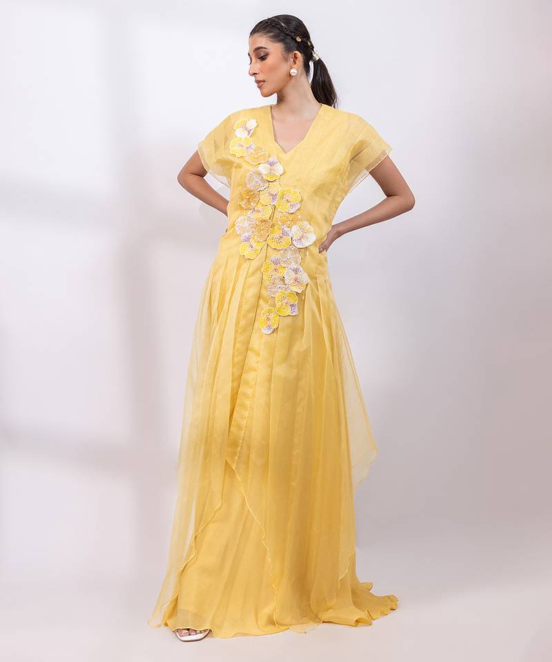 Marigold yellow chinon organza jumpsuit cape set
