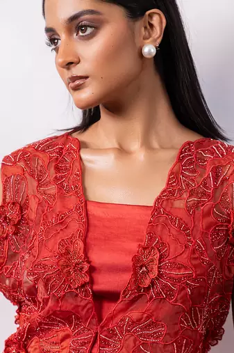 Rust orange embroidered silk organza co ord set