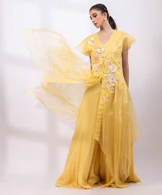 Marigold yellow chinon organza jumpsuit cape set 2