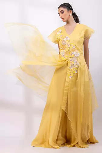 Marigold yellow chinon organza jumpsuit cape set