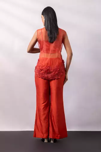 Rust orange embroidered silk organza co ord set