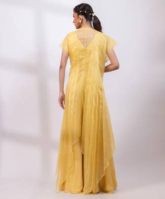 Marigold yellow chinon organza jumpsuit cape set 4