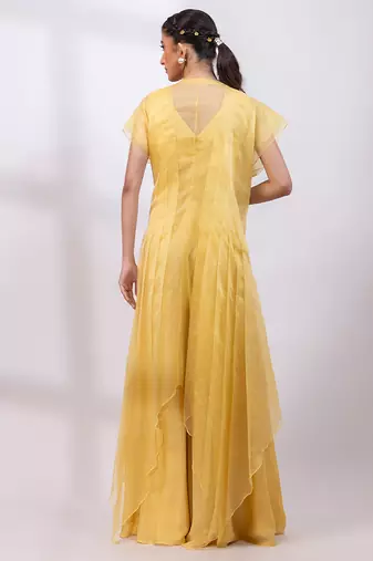 Marigold yellow chinon organza jumpsuit cape set