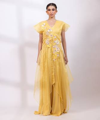 Marigold yellow chinon organza jumpsuit cape set 5