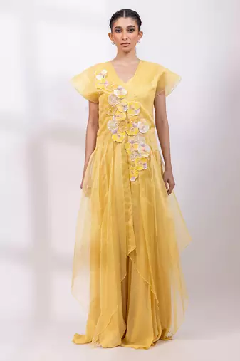 Marigold yellow chinon organza jumpsuit cape set