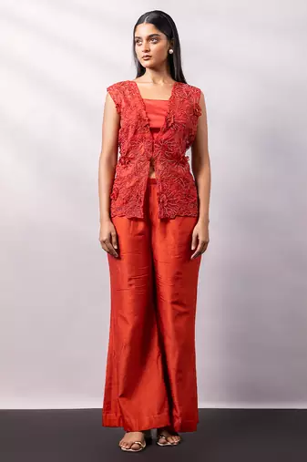 Rust orange embroidered silk organza co ord set