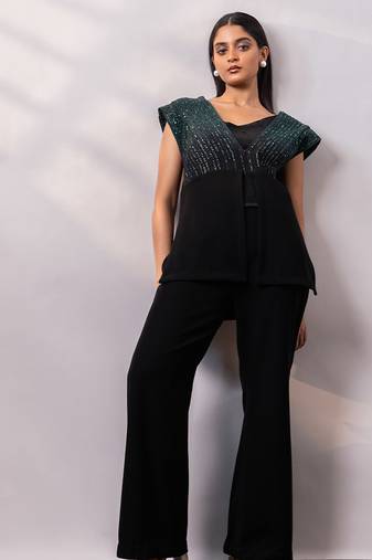 Black embroidered art silk co ord set
