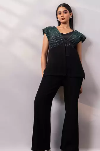 Black embroidered art silk co ord set