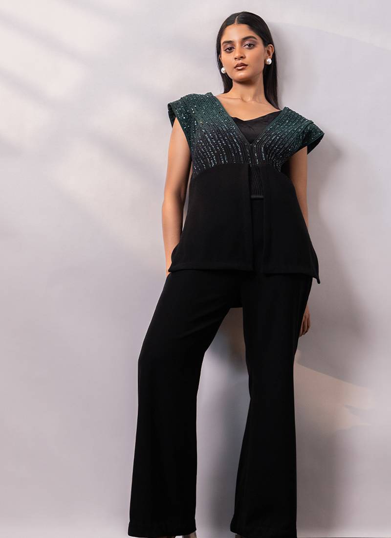 Black embroidered art silk co ord set