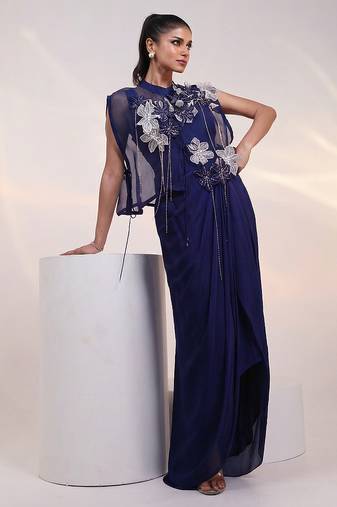 Navy blue embroidered chinon gown jacket set