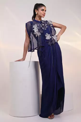 Navy blue embroidered chinon gown jacket set