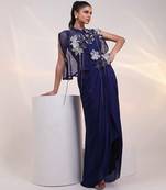 Navy blue embroidered chinon gown jacket set