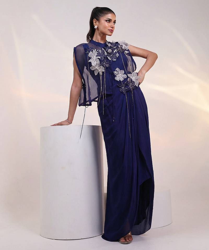 Navy blue embroidered chinon gown jacket set