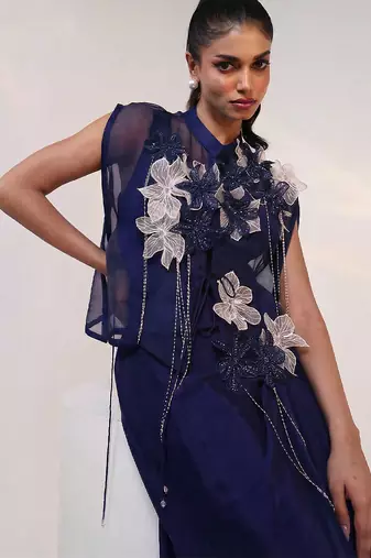 Navy blue embroidered chinon gown jacket set