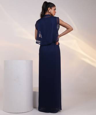 Navy blue embroidered chinon gown jacket set 3