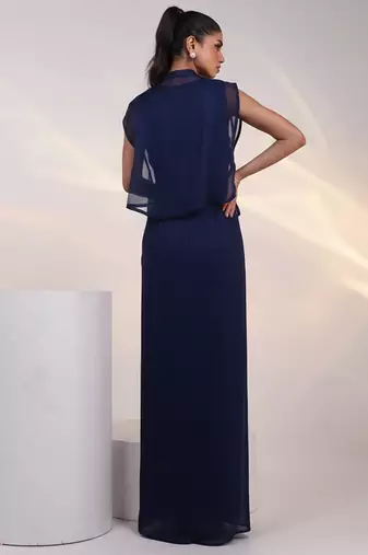 Navy blue embroidered chinon gown jacket set