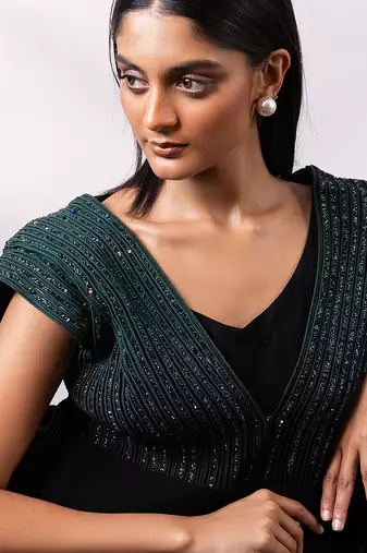 Black embroidered art silk co ord set