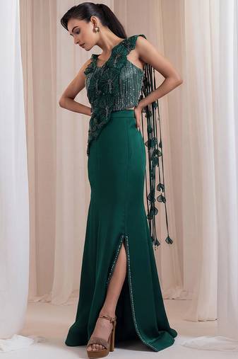Emerald green embroidered silk organza co ord set