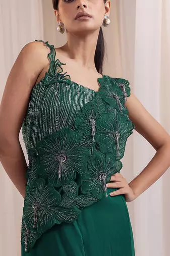 Emerald green embroidered silk organza co ord set