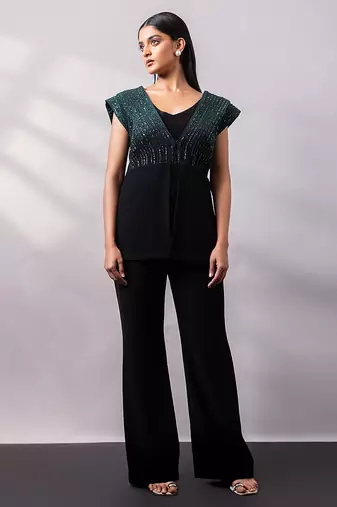 Black embroidered art silk co ord set