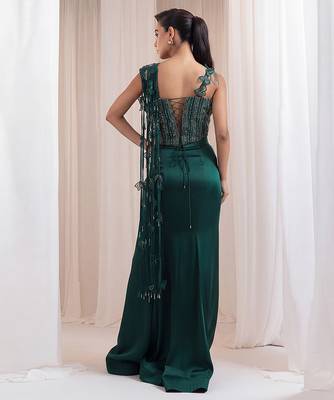 Emerald green embroidered silk organza co ord set 4