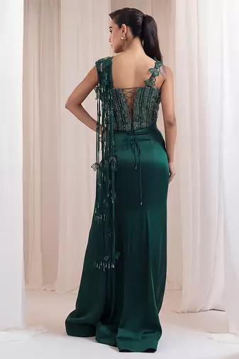 Emerald green embroidered silk organza co ord set