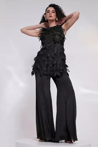 Black embroidered silk chinon co ord set